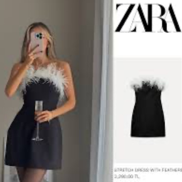 ZARA STRETCHY FEATHER DRESS Black with White Feather Detail
